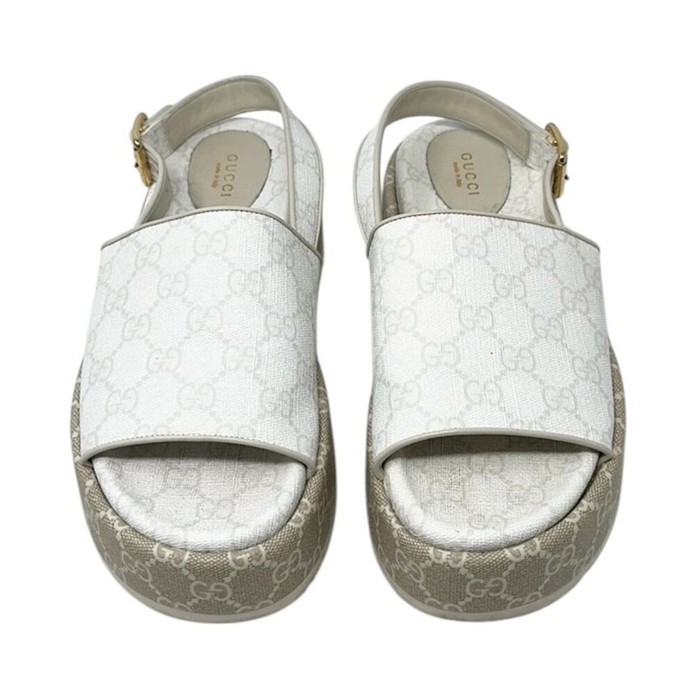 Gucci Angelina GG Canvas Monogram Slingback Platform Slide Sandals White Sz 38